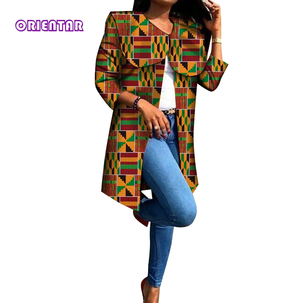 

African Print Long Coat Women Overcoat Female Autumn Outwear Vintage Long Sleeve Coat Women African Clothing Trench Coats WY916