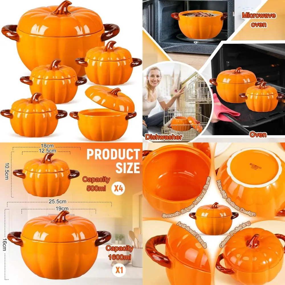 

Maxdot Set of 5 Ceramic Pumpkin Bowls with Lid and Handles Pumpkin Shape Soup Serving Pot Storage Jar for Fall Thanksgiving Hall