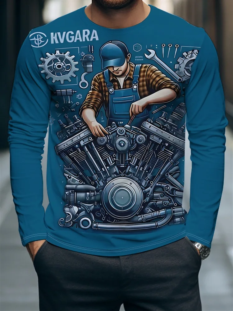 Men's Garage Mechanic Long Sleeve T-Shirt Engine Gear Tool Wrench Graphic Tee Pullover Tops Gift New Blue Streetwear Hot