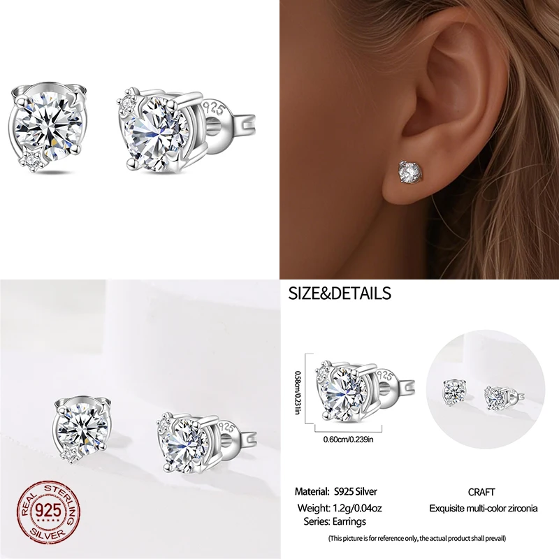 

Real 925 Stering Silver Luxury Zircon Stud Earrings Heart Flower Star Piercing Studs Earring For Women Girls Party Fine Jewelry