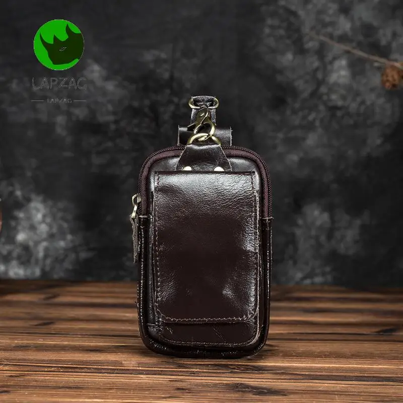 Crazy Horse tas pinggang kulit pria, tas pinggang gaya Vintage untuk pria, kamera ponsel luar ruangan 6 "dengan kait