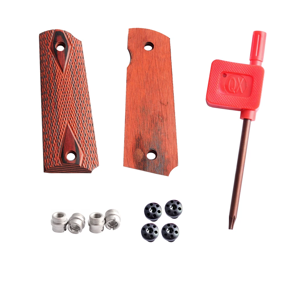 1911 Checkered Red Diamond Wood Grips With Allen Screws & SS Grip Screws Bushings for Glock for Real Weapon Equipment