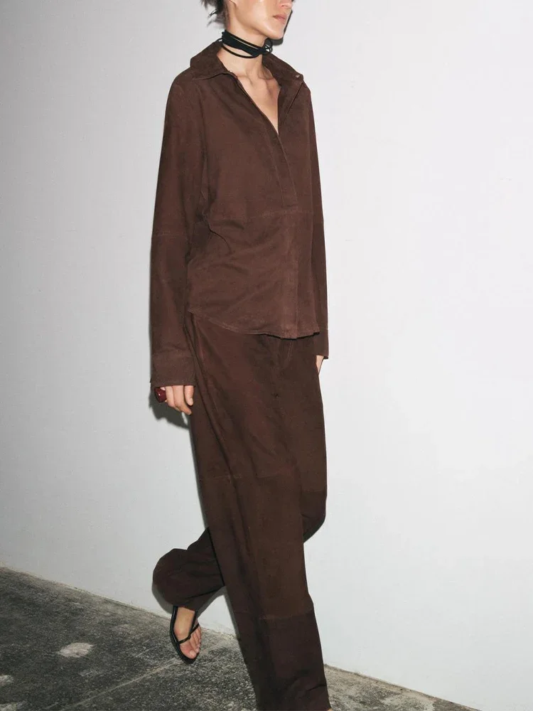 

New European and American style women's clothing Double-faced suede leather shirt jacket casual trousers suit