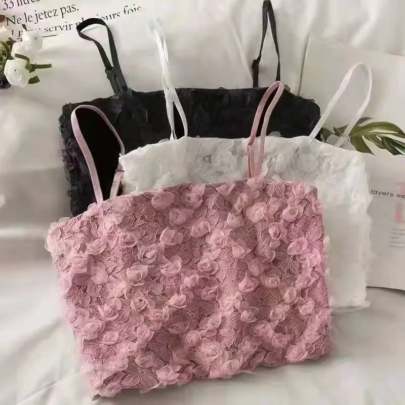 Lencería de encaje Floral para mujer, sujetador sin aros con tirantes finos, Top camisola, ropa interior