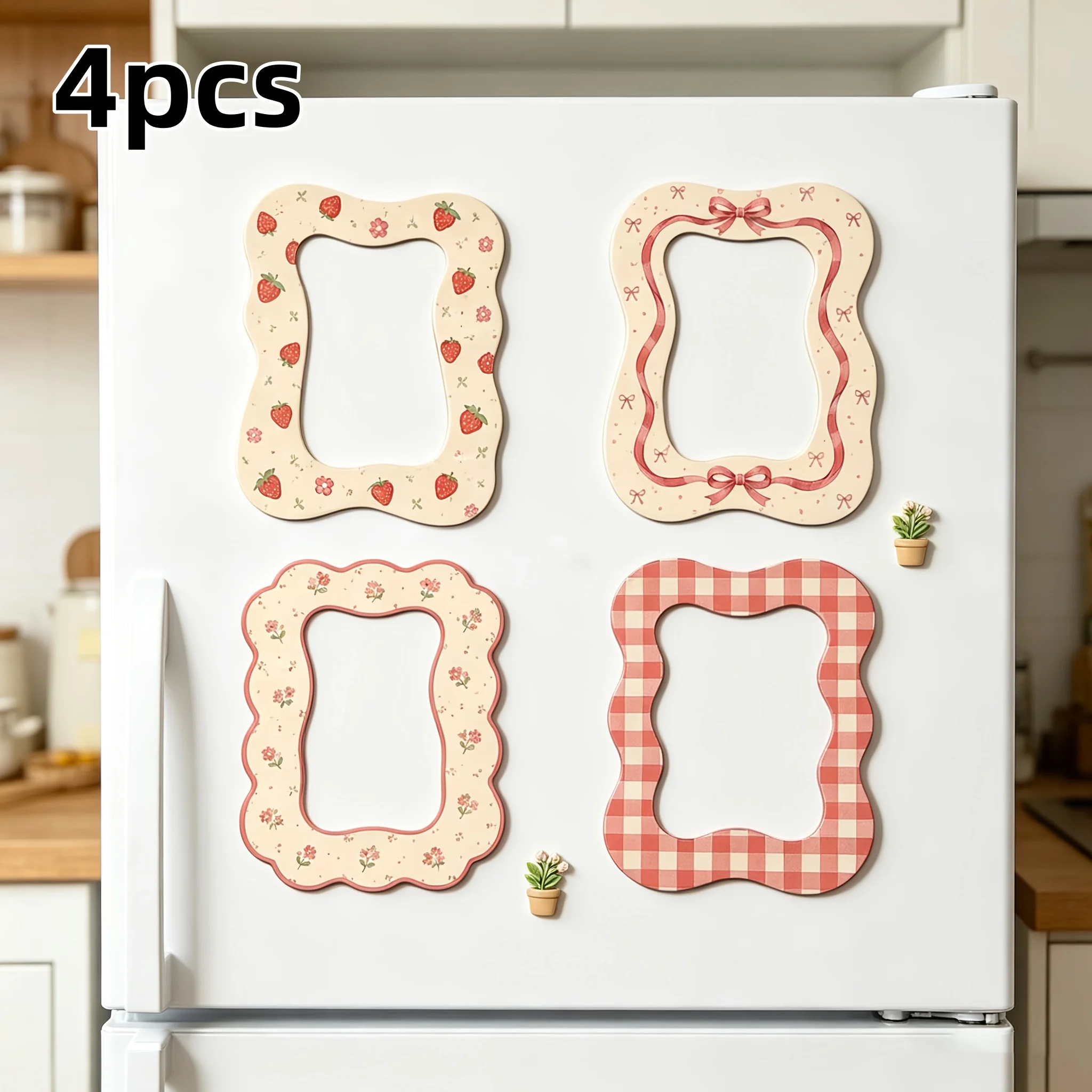 4 Pcs Boho Magnetic Photo Frames, Vintage Floral Plaid Semi‑Circle Vertical Frames for Fridge, Dorm, Classroom, Cabinet