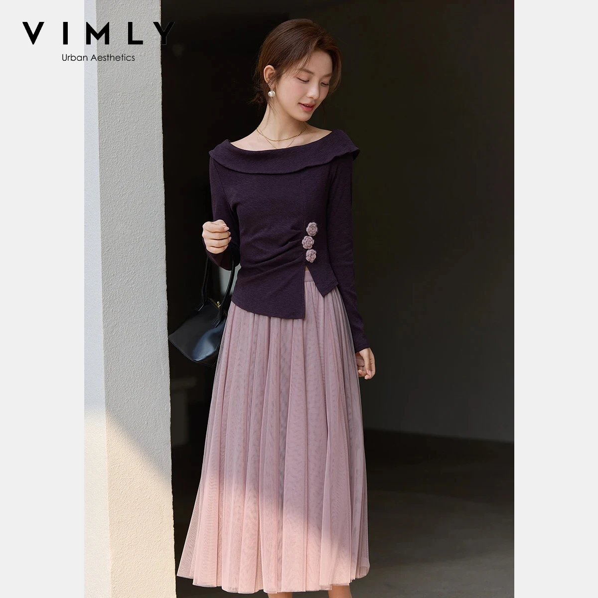 

VIMLY Women's Two-Piece Set 2026 Spring New French Elegant Off Shoulder Floral Appliques Knit Top Tulle Midi Skirt Outfit 30733