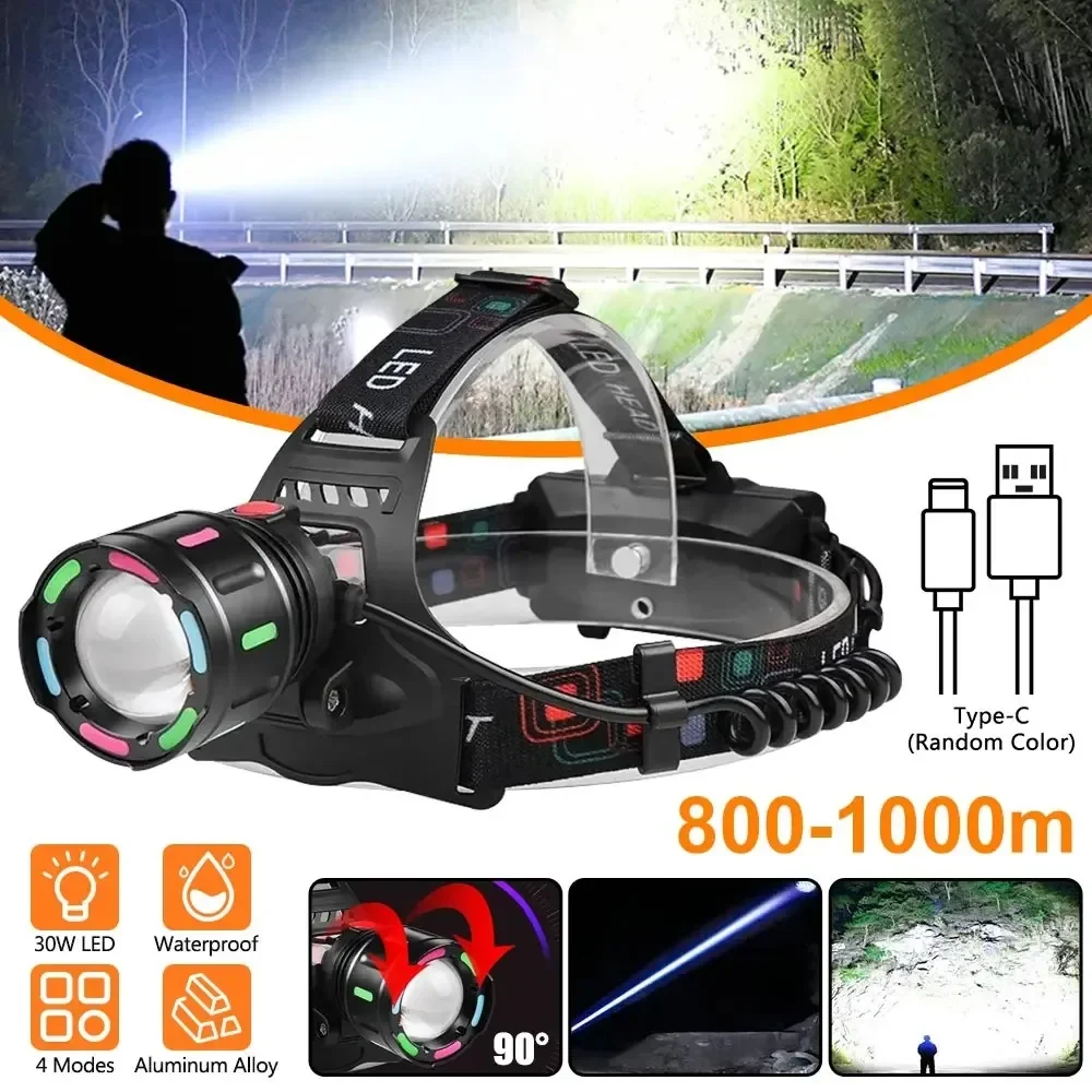 

Powerful 30W LED Headlamp with Fluoresce Long Range Zoomable Flashlight Waterproof Headlight for Outdoor Hunting Fishing