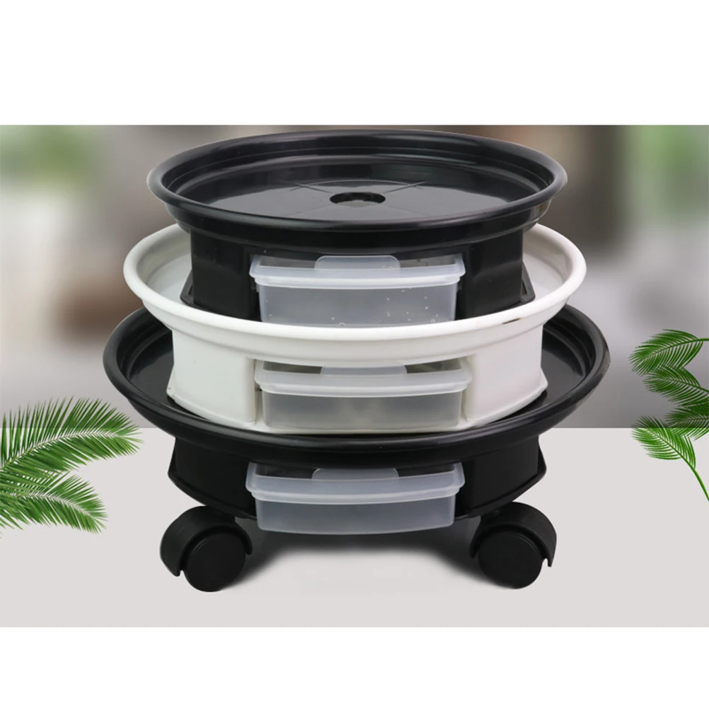 

33cm Round Flowerpot Tray Black Universal Rolling Base with Drain Hole Storage Drawer Stable Potted Stand for Indoor Outdoor
