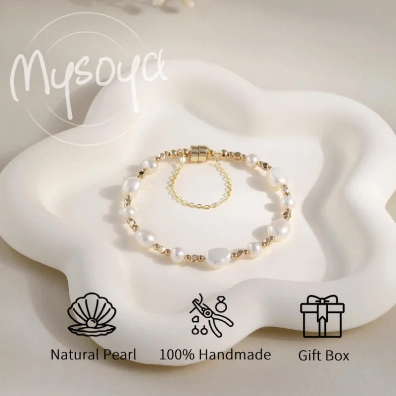 

MYSOYA 8-9 мм браслет из натурального белого пресноводного жемчуга для женщин и мужчин с подарочной коробкой, ювелирное изделие на день рождения, свадьбу, годовщину, подарок