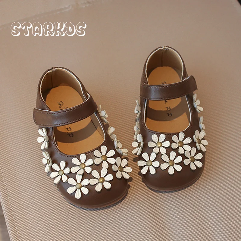 

Детские кожаные балетки Мэри Джейн с цветочным узором, розово-белые, для девочек, весенние, брендовый дизайн