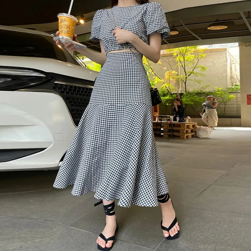 Faionable Plaid Bubble Sve ort irt And A-Line  Skirt Set for Women High Waist Slimming Vintage Summer Outfit