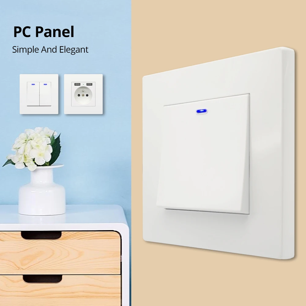 Wallpad White PC Panel 1 2 3 Gang 2 Way With LED Wall Light Switch and EU Electric Outlet With 2 USB Charge Port Socket 110 220V