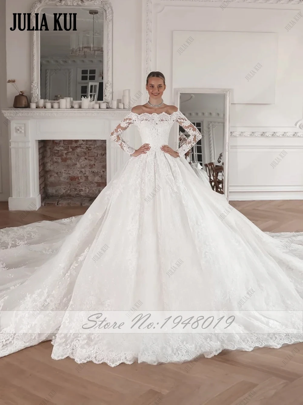 Julia Kui, выполненное на заказ элегантное бальное платье с открытыми плечами и вырезом лодочкой, свадебные платья, блестящие кружевные пышные платья невесты с длинными рукавами