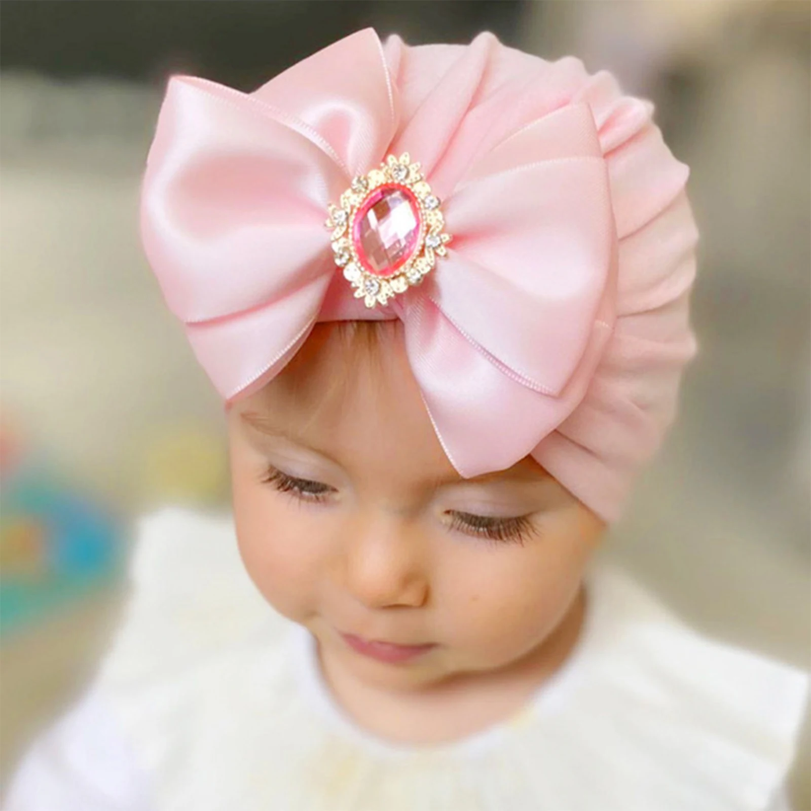 Baby Girls Turban Cap Shiny Crystal Beanie Hat Stretchy Bonnet Headwraps with Bow Knot