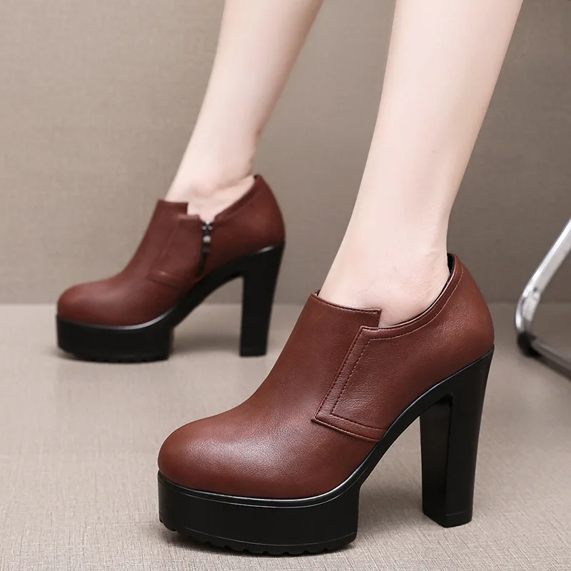 Brown 12cm thick heel thick sole small super high heels round head bare boots waterproof table velvet deep mouth single shoes