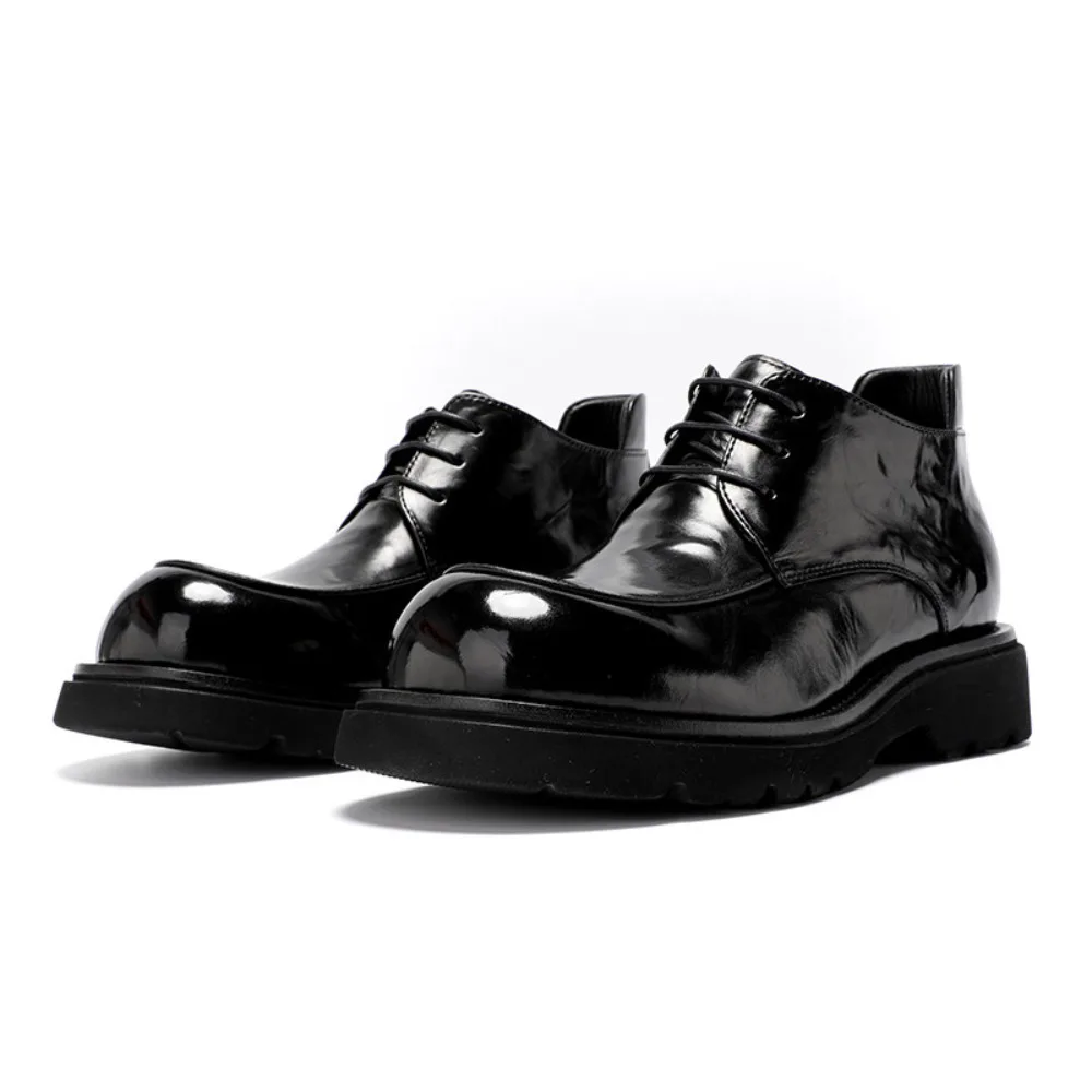 Genuine Full Grain Calfskin Men's Formal High Top Ankle Boots Soft Leather Thick Sole Hand Grained Big Toe Casual Leather Shoes