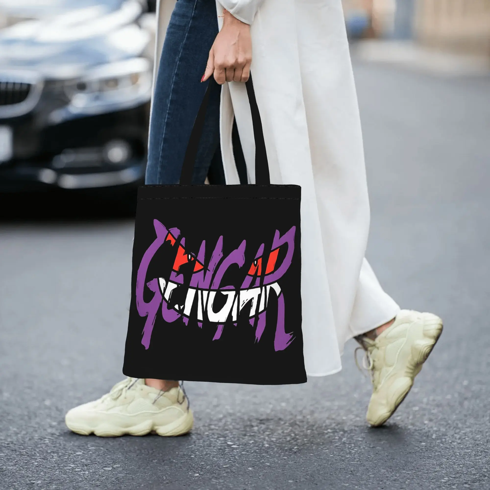 Customized Pokemon Halloween Gengar Women's Bag Shopping Bag Reusable Double Sided Canvas Tote Bag Shoulder  Handbag