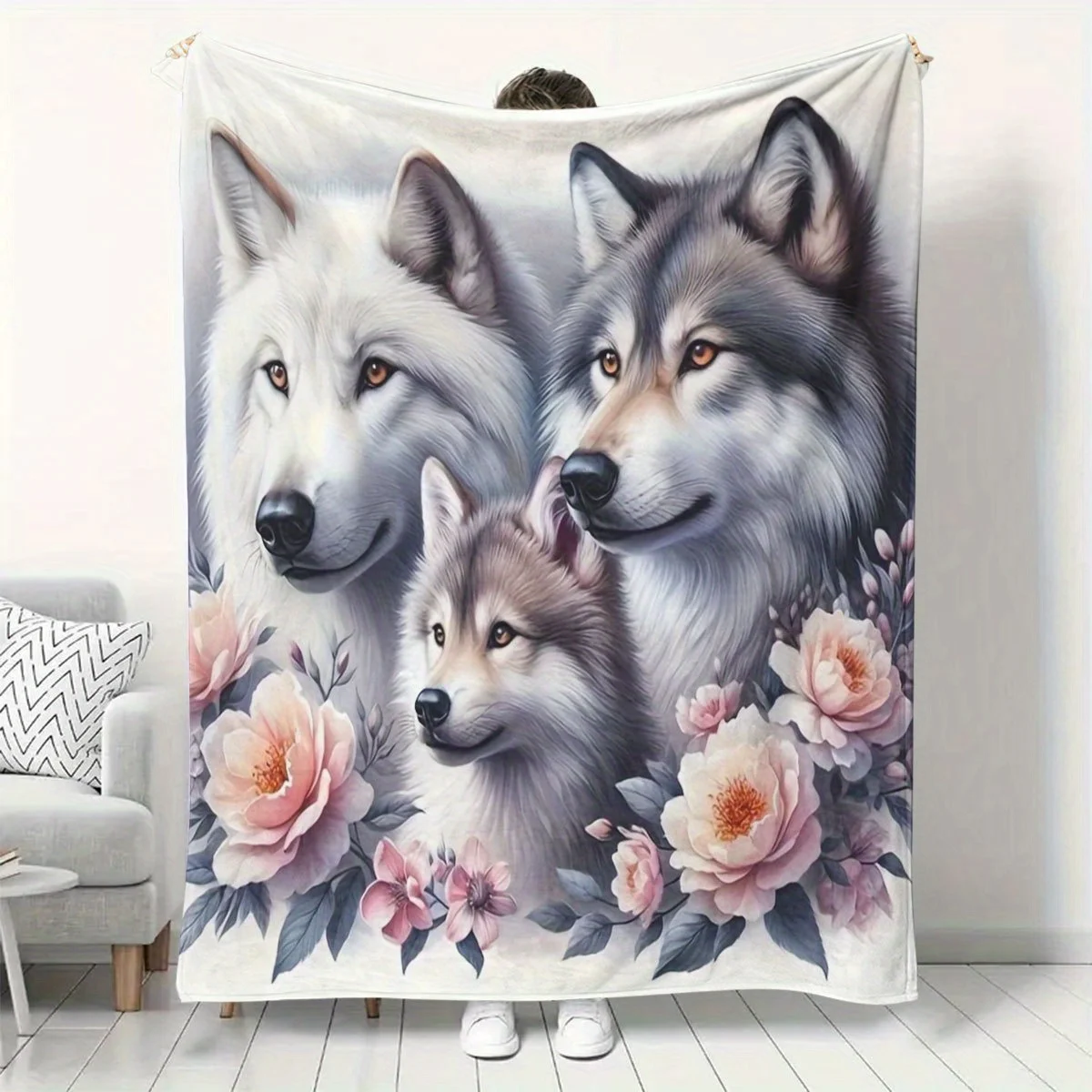 Elegant Wolf Family Portrait Blanket Adult Wolves And Puppy Surrounded By Blooming Peony Flowers Soft Flannel Throw Blanket
