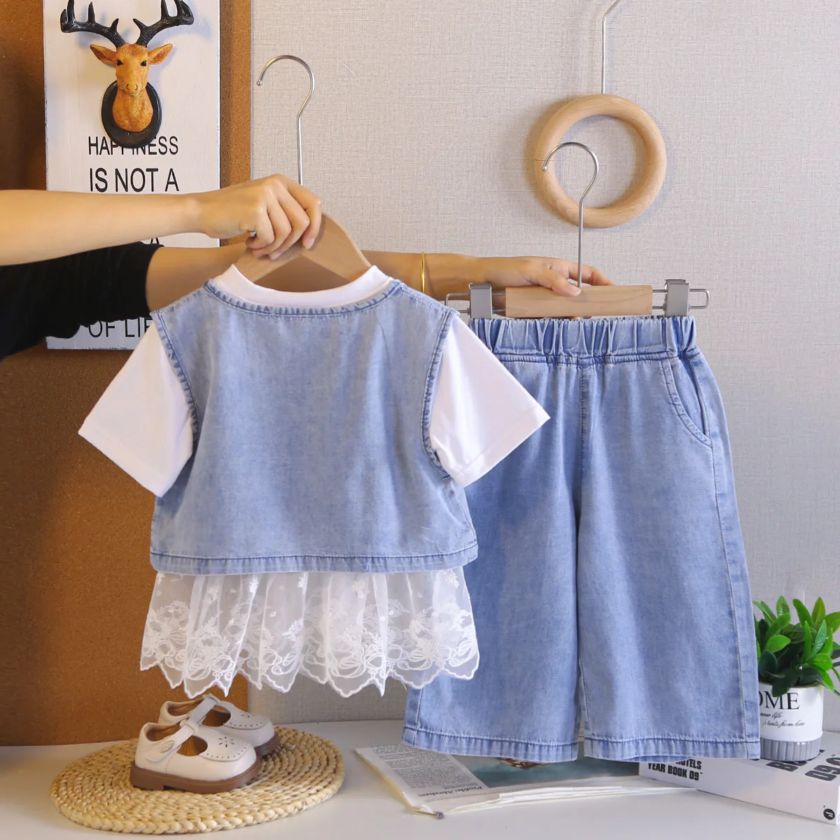 2026 Summer Korean Girls Denim Three Piece Set Lace Vest Short Sleeve Top and Shorts Sweet Outfit Soft Breathable Daily Clothing