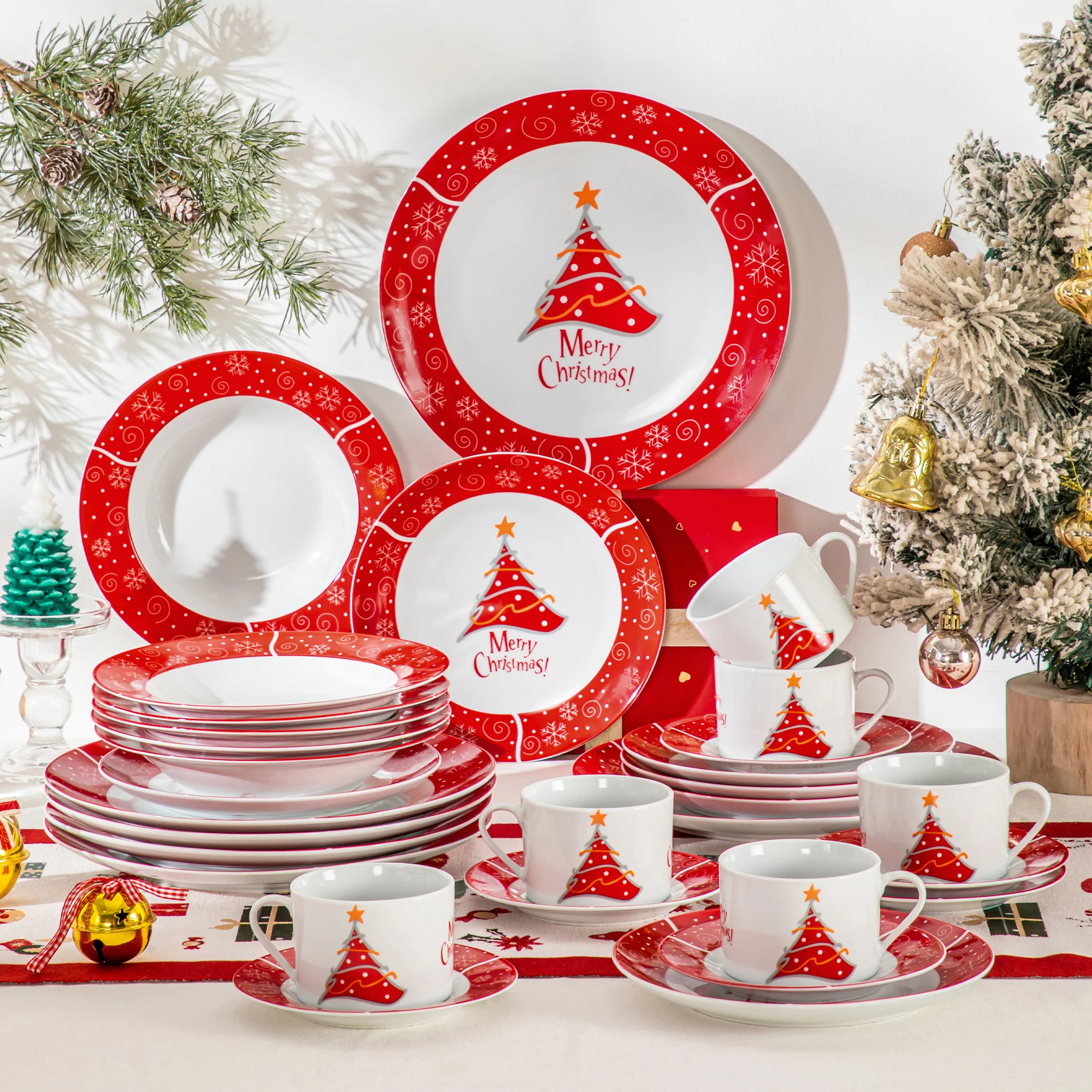 VEWEET 12/16/18/36/30 Piece Christmas Ceramic Plates Christmas Tableware Set with 4/6 Dinner Plate/Dessert/Soup/Bowl/Cup/Saucer