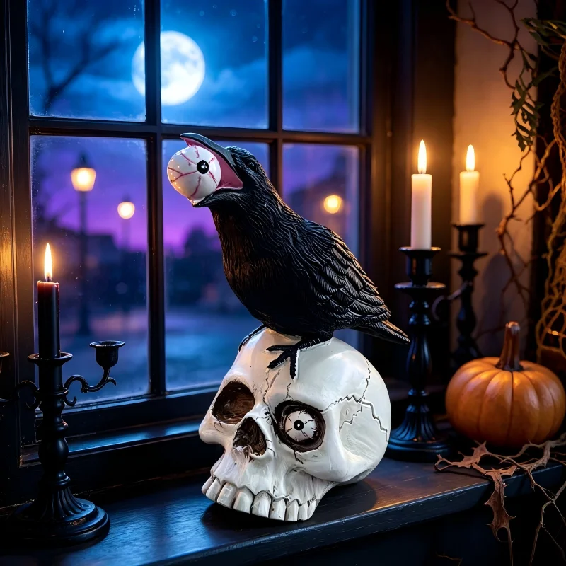 Skull Raven Resin Figurine Halloween - Gothic Dark Decor Tabletop Crow Skeleton Statue Party