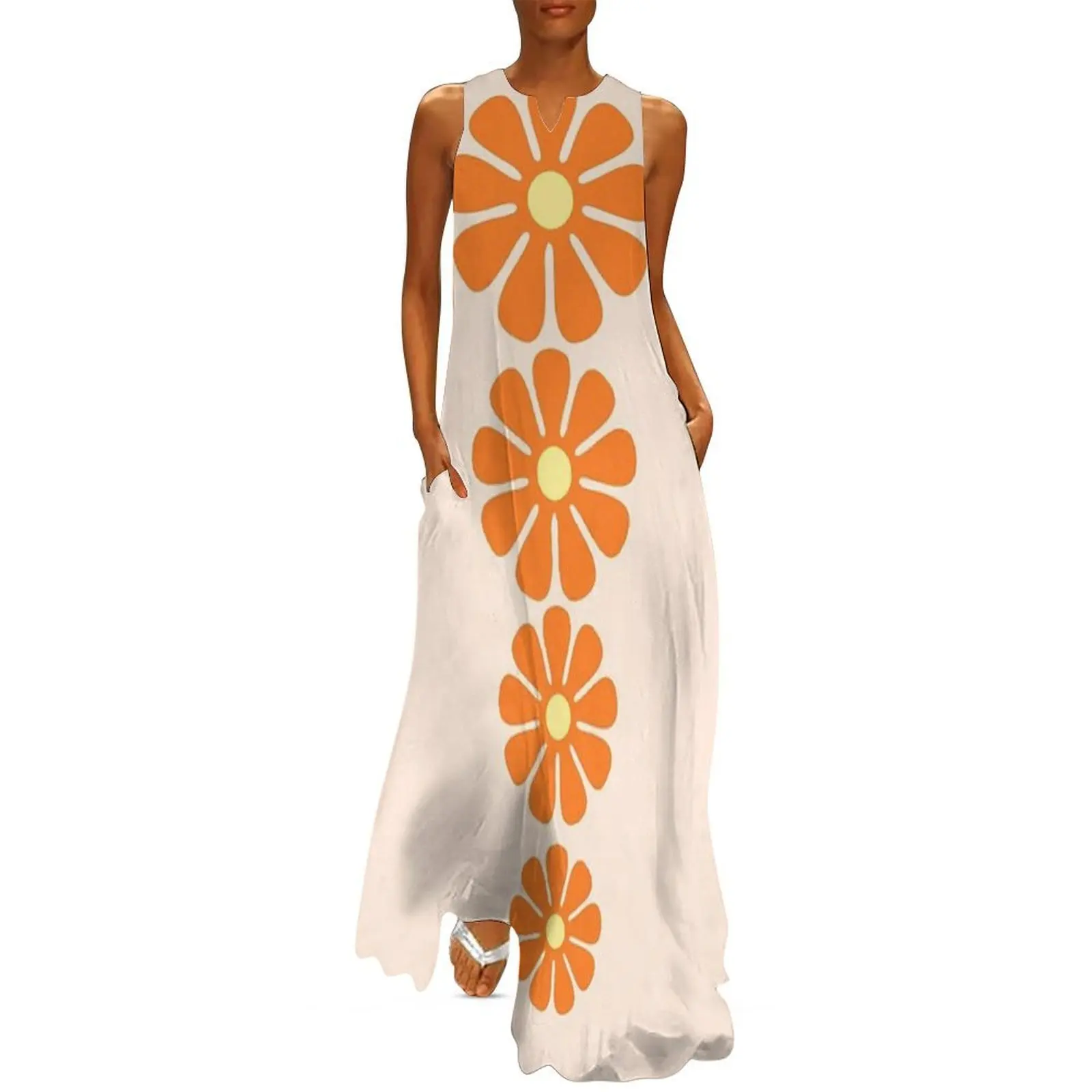 

60's, 70's Retro Large Flowers in Orange and Cream Yellow Centers Long Dress dresses for womens 2025 dress for women 2025