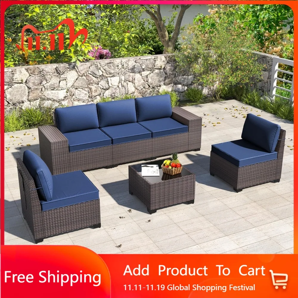 6 Piece Patio Furniture Sets Outdoor Conversation Sofa Set, All-Weather High Back PE Rattan Wicker Sectional Furniture Patio Sof