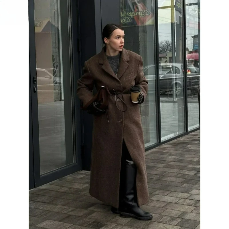 

Brown Shoulder Pad Wool Blend Overcoat Women Elegant Lapel Single-breasted Long Sleeve Coat 2025 Autumn Lady Commuter Outerwear