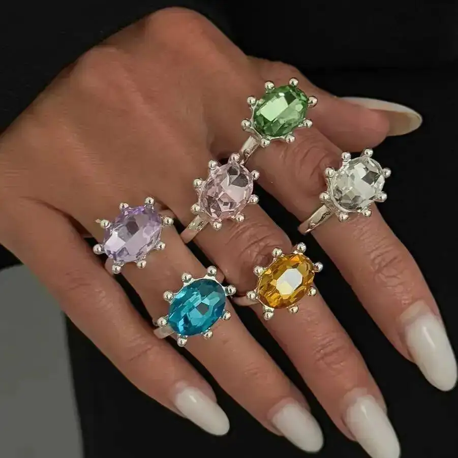 SHIXIN 2026 New Exquisite Colorful Rhinestone Open Rings Women Retro Acrylic Stack Adjustable Knuckle Ring Y2K Jewelry Accessory