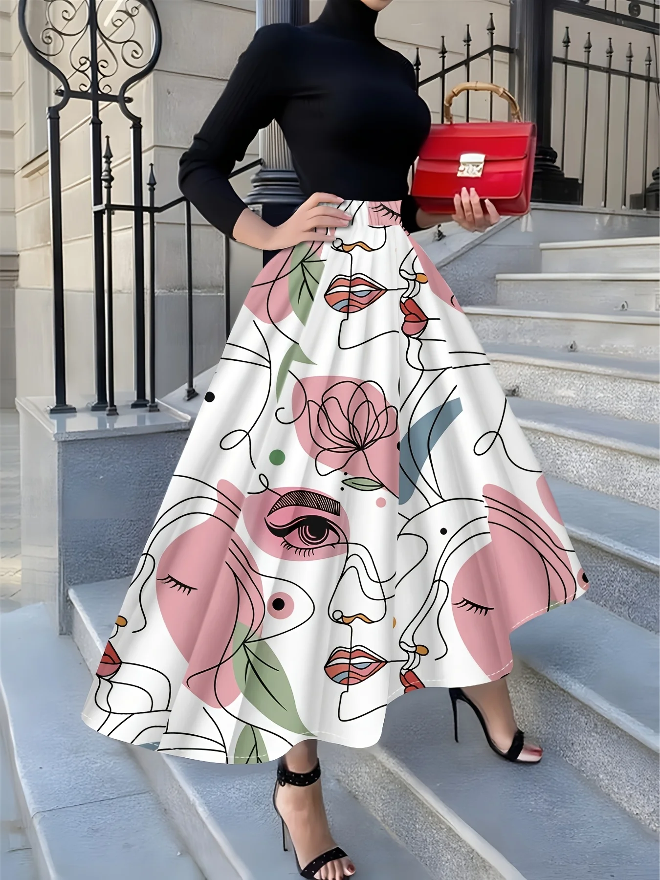 

Полуюбка с принтом в праздничном стиле: абстрактные лица и цветочные узоры, дизайн для любого сезона