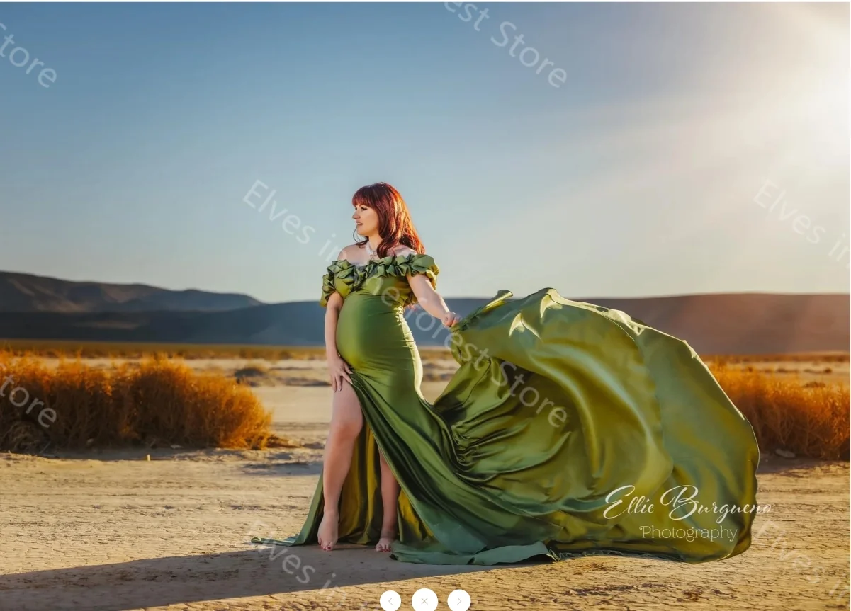 Glamorous Green Maternity Robes for Photoshoot Off Shoulder Ruffles Prom Dresses Sexy Satin Side Split Pregnant Women Gowns