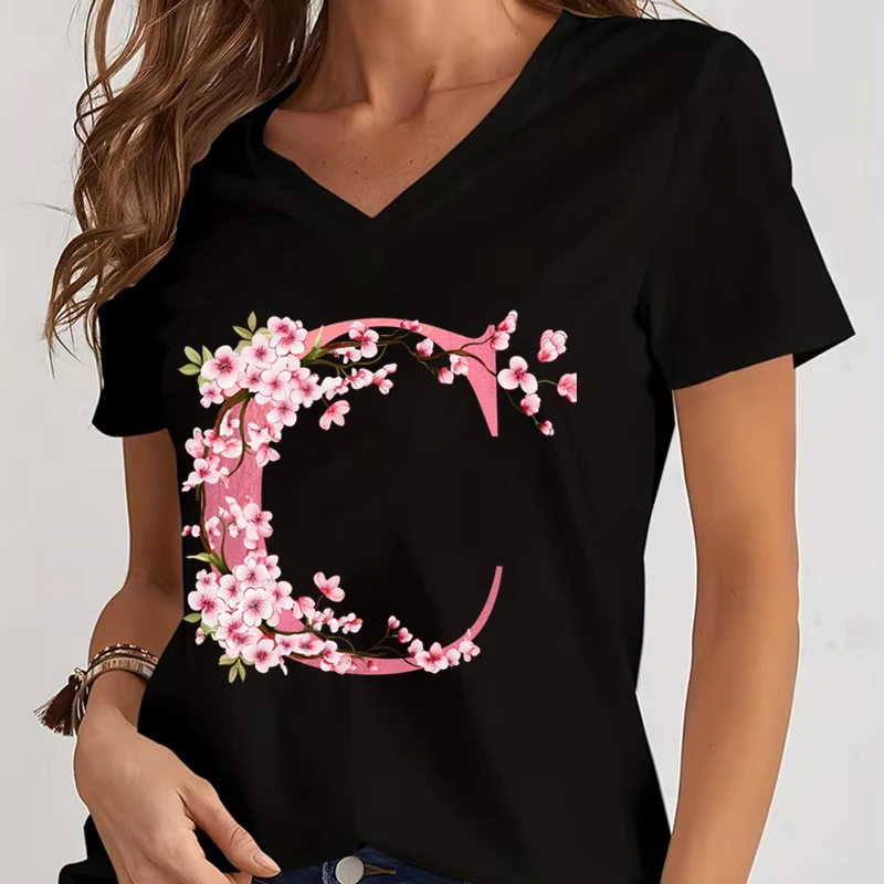 Woman T-shirts A-Z 26 Alphabet Sakura Design V-Neck T-shirt Cherry Blossom 26 English Alphabet Summer T-shirt V-Neck Casual Tops
