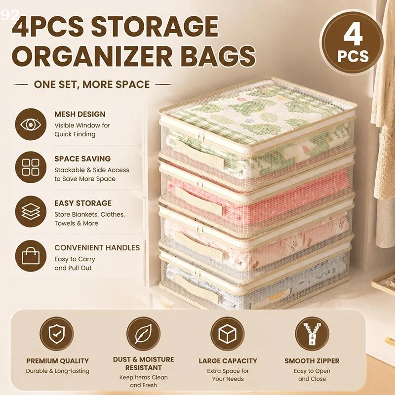 4 Pack Transparent Mesh Clothing Storage Bins Zipper Closure Handle For Wardrobe Bedding StorageCentury House