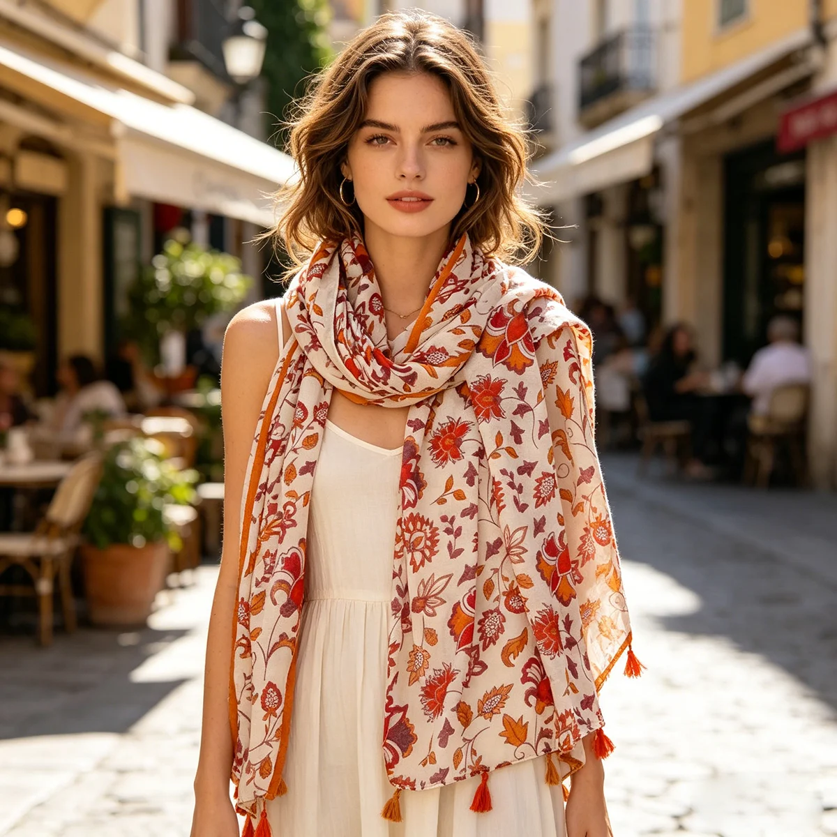 Women's Orange Floral Tassel Scarf, Vintage Botanical Printed Long Shawl 180x88cm Casual Neck Wrap