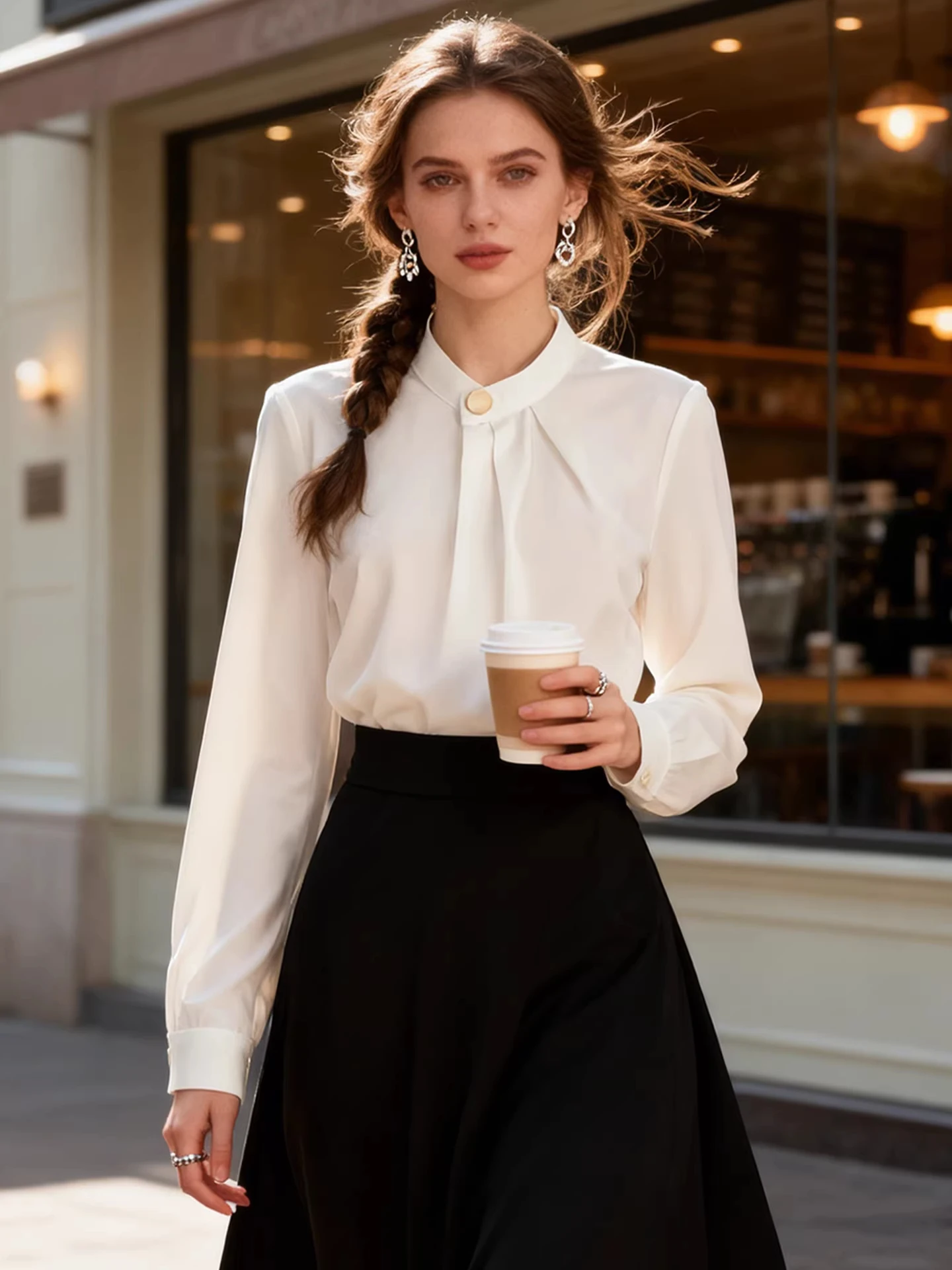 

White Silk Blend Stand Collar Loose Women's irt Versatile Commute Sle Spring Autumn Profional Loose Fit Top