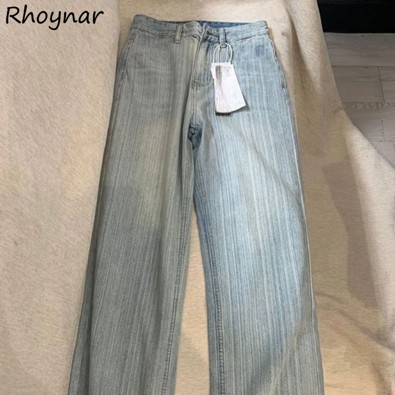 Jeans Women Washed High Waist Korean Style Streetwear Vertical Striped Fashionable Wide Leg Full Length Comfortable Trousers