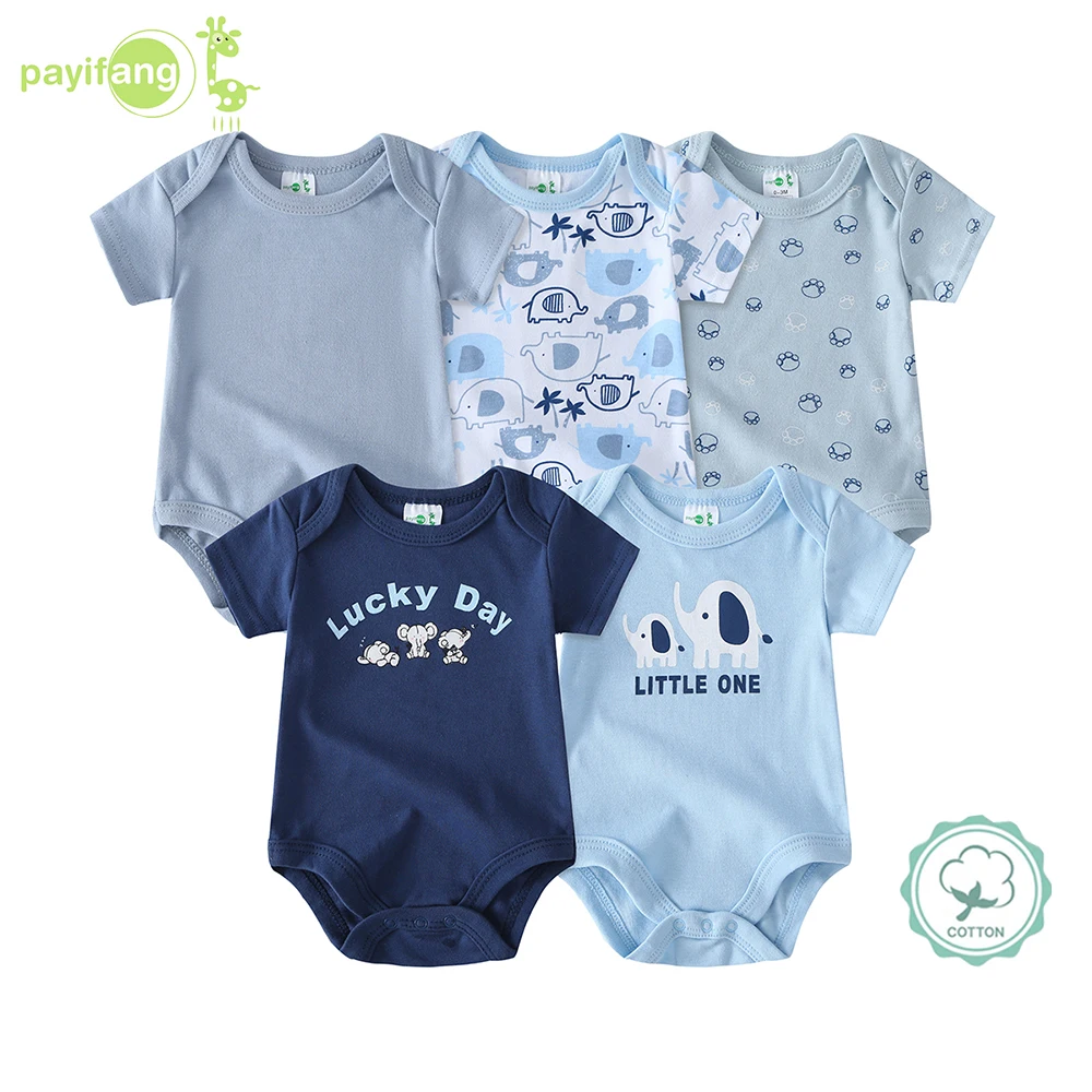 5pcs Newborn Baby Boy Short Sleeve Bodysuits, Cotton Cute Dinosaur Cartoon Rompers, Infant 1pc Jumpsuits, Round Neck Summer Outfits, Hospital Bag Essentials (Boys), Perfect for Outdoor