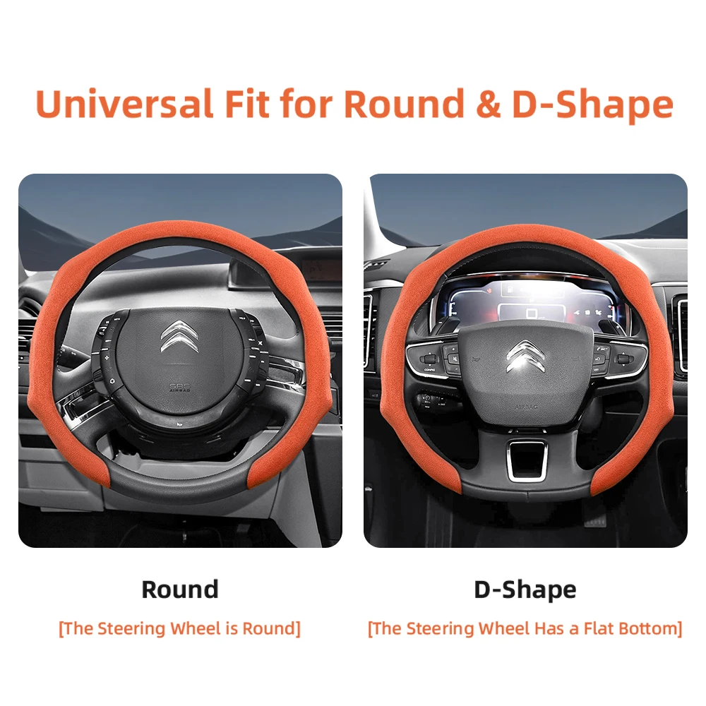 Suitable for Citroen Premium Suede Snap-On Steering Wheel Cover, Non-Slip and Durable, for C3 C4 X Berlingo C5 Aircross Jumper Spacetourer Ami X, Available for Both Round and D-Shaped Steering Wheels, in Black and Green