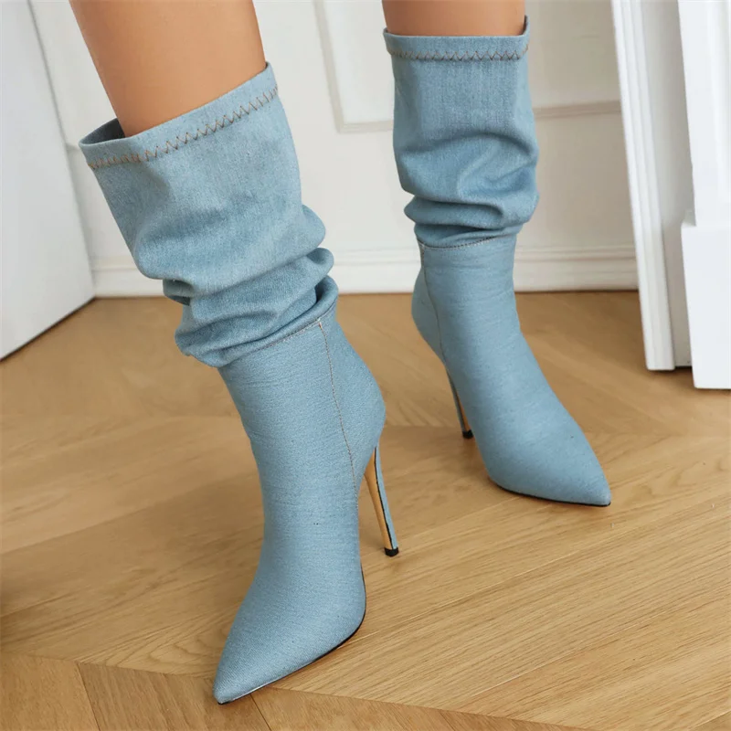 

Plus Size 43 Sexy Pleated Denim Mid-calf Boots 12cm Stiletto High Heel Black Party Shoes for Women Dark/light Blue 2023 Autumn