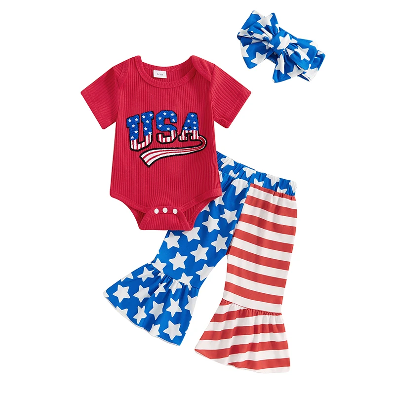 

4th of July Baby Girl Outfit Short Sleeve USA Letter Romper Stars Stripes Print Bell Bottoms Pants Clothes Set