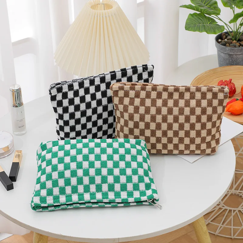 Makeup Bag Checkered Cosmetic Bag Travel Toiletry Bags Organizer Cute Makeup Brushes Aesthetic Accessories Storage Bag for Women