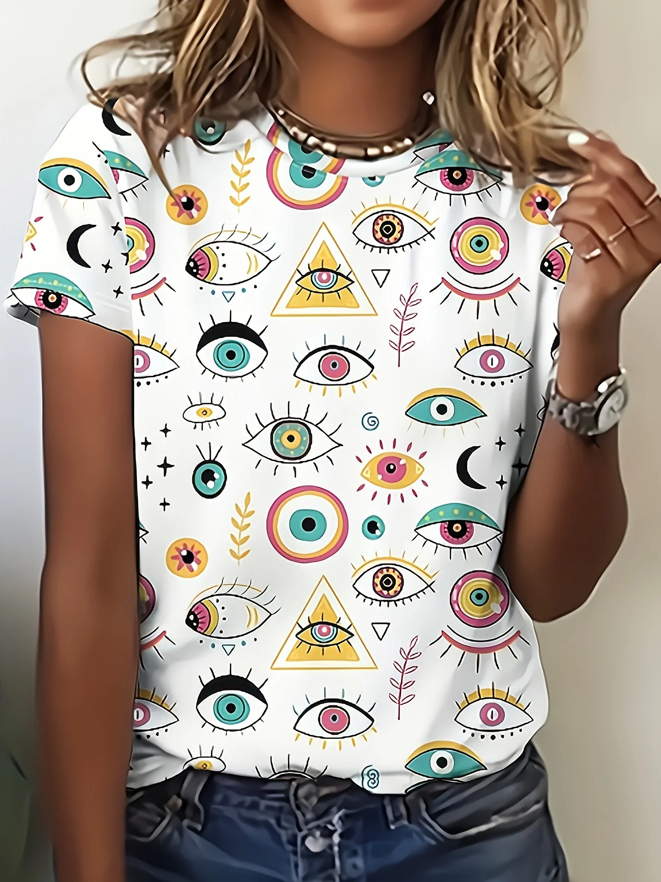 Funny Geometric Eye 3D Print T-Shirts Women's Fashion Casual Short Sleeve T Shirt O-Neck Tees Harajuku Y2k Tops Female Clothing