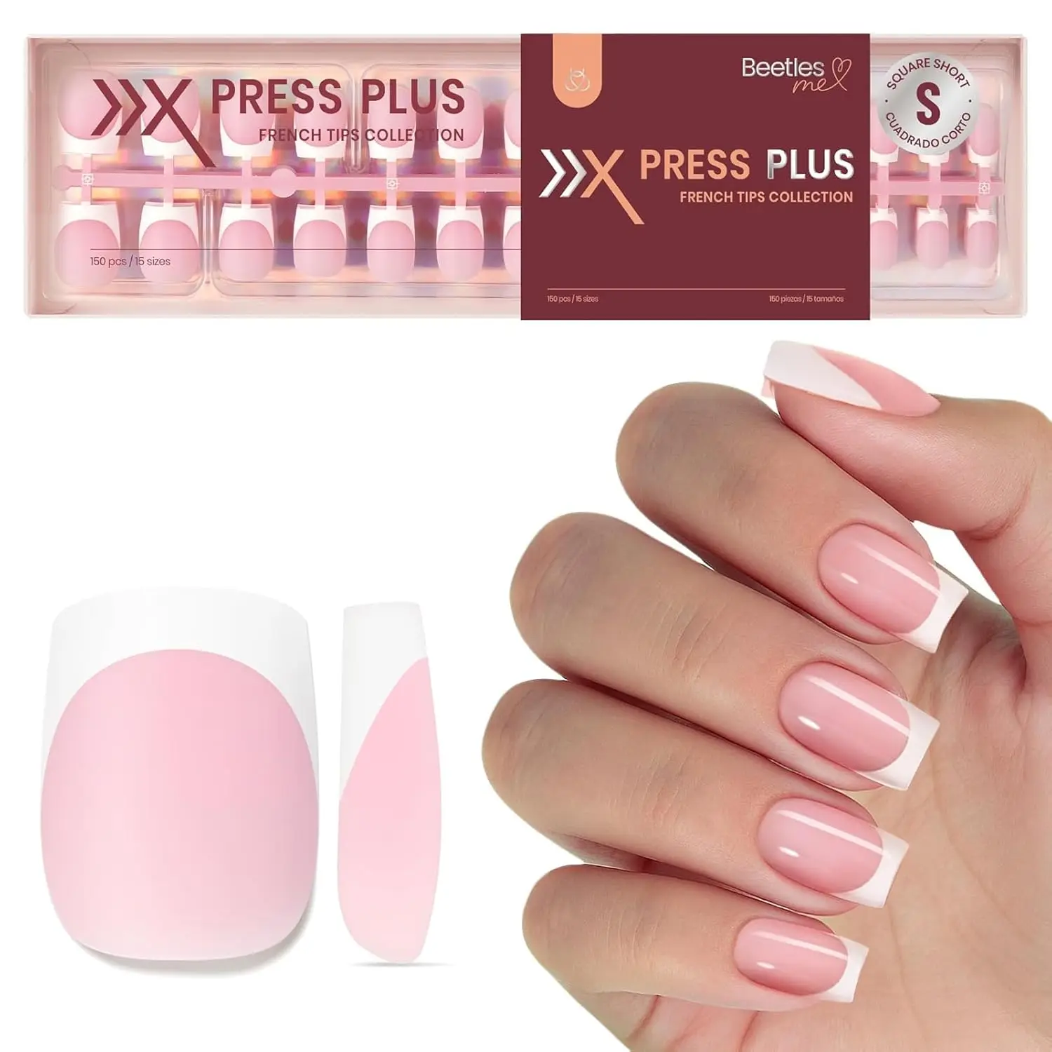 

French Pink Press On Nails Short Square 150 Pcs, Pearl White Tips, Soft Gel False Nails DIY Art Gift for Women