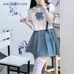 2024 New Japanese JK Uniform Preppy Style Summer and Autumn Blue White Long Short Sleeves Top Pleated Skirt Bow Suit For Girls