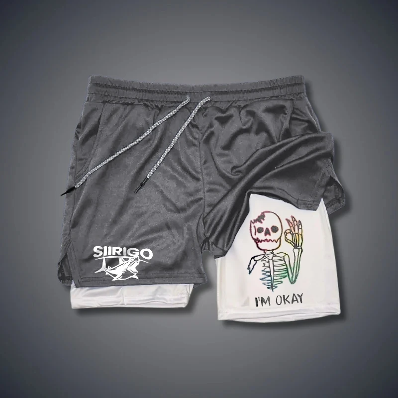 2024 European and American Style Skull Printed Double Layered Shorts, Sports Casual Quick Drying Sports Shorts Beach Shorts