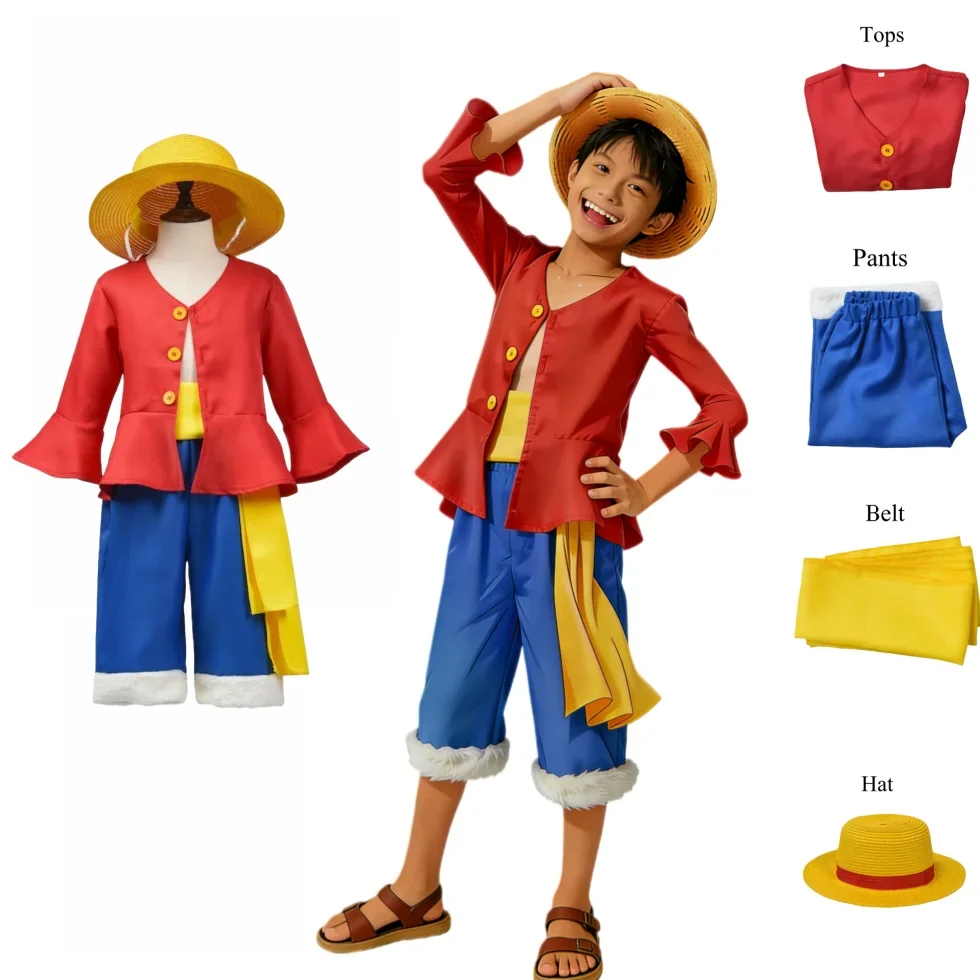 

Костюм для косплея на Хэллоуин: полный комплект аниме-персонажа Монки Д. Луффи для мальчиков, карнавальный наряд, детский костюм с соломенной шляпой, пальто, брюками и поясом