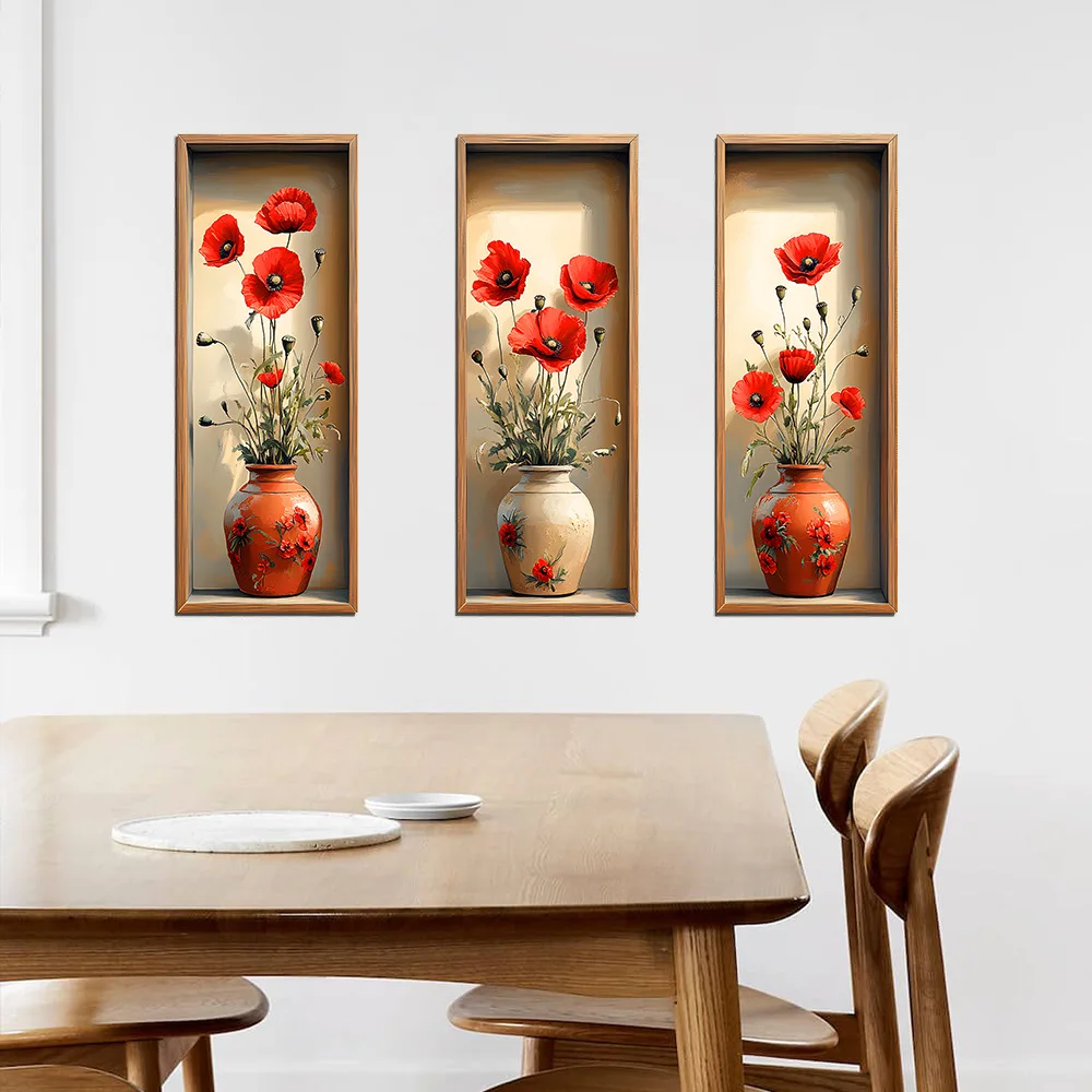 3pcs Three Dimensional Flower Sticker 3D Flowers Vase Sticker Self Adhesive Wall Stickers Bedroom Living Room Decor Home Decor