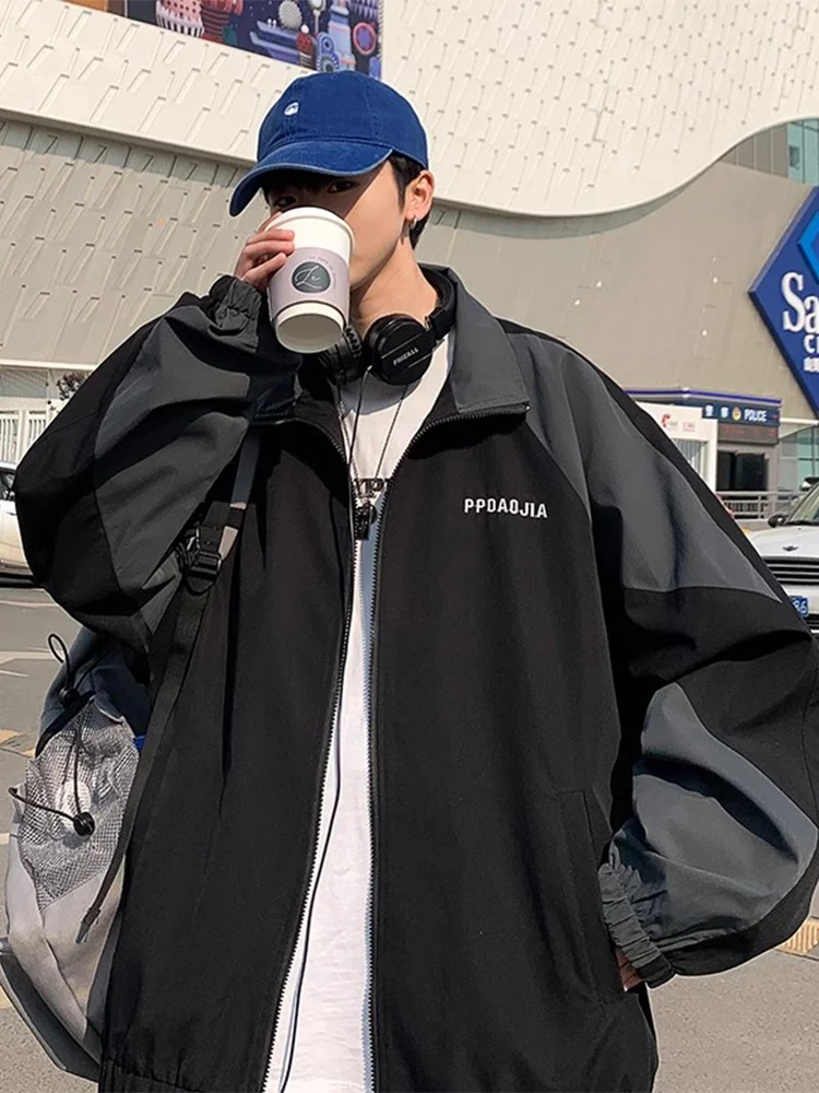 

Oversize Men's Spring Autumn Jaet Color Blo Loose Fit Flip Collar Coat Youth Trendy Windproof Outerwear Casual Faion