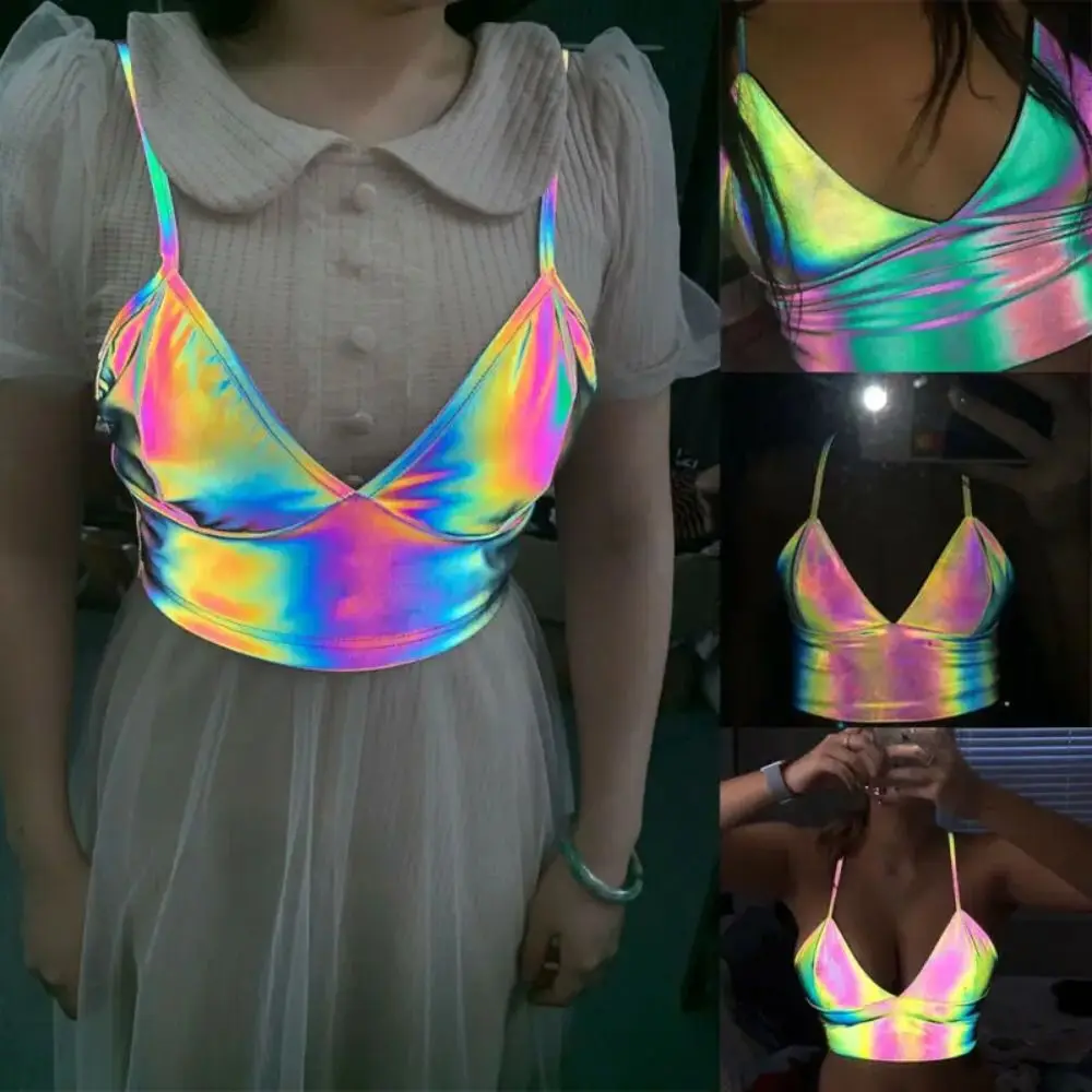 Fashion Colorful Reflective Laser Tops Satin Slim Bandeau Underwear V Neck Wrapped Chest Club Party