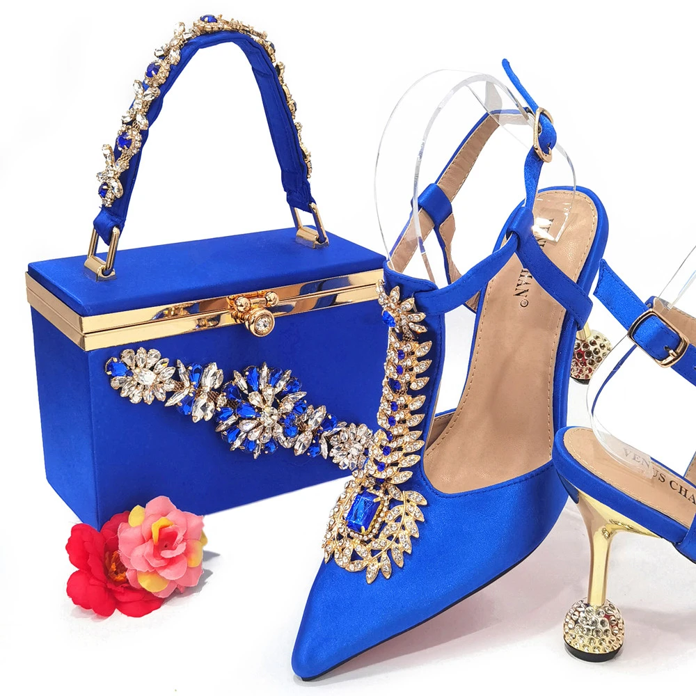 Italian Design African Ladies Party Shoes and Bag Nigerian Fashion  Mini Bags and Mid Heel Pointed Shoes Blue Color In Stock